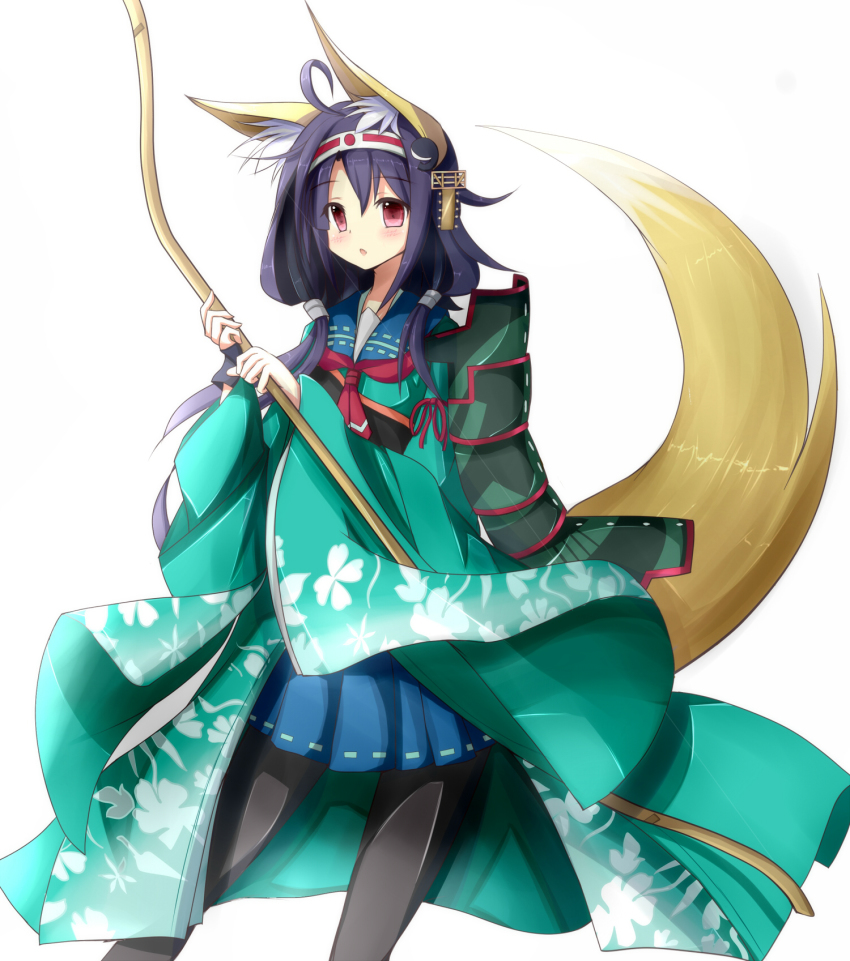 10s, 1girl, animal_ears, bow_(weapon), female_focus, flight_deck, fox_ears, fox_tail, gloves, hair_ornament, hairband, haori, headband, highres, japanese_clothes, kantai_collection, long_hair, low_twintails, magatama, muneate, open_mouth, pantyhose, partially_fingerless_gloves, partly_fingerless_gloves, purple_hair, red_eyes, ryuuhou_(kancolle), ryuuhou_kai_ni_(kancolle), solo, taigei_(kancolle), tail, twintails, weapon, whale, whale_hair_ornament, ye_zhi_(index1122), yugake