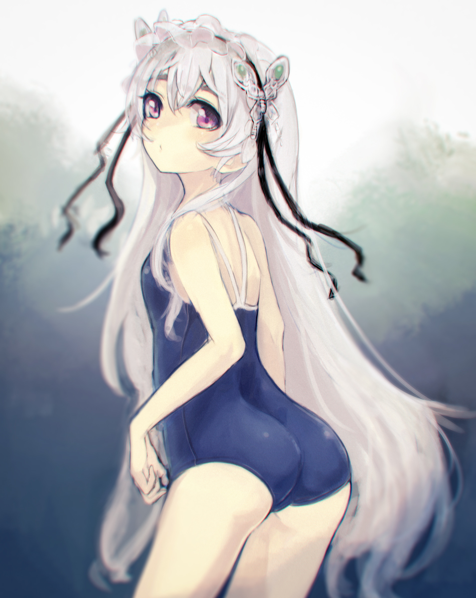 10s, 1girl, alternate_costume, ass, bare_shoulders, blush, butterfly_hair_ornament, chaika_trabant