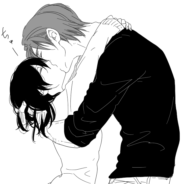 1boy, 1girl, a_wil, a_will, black_hair, couple, closed_eyes, greyscale