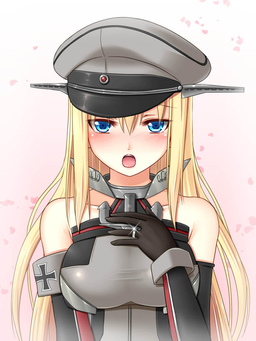 10s, 1girl, :o, bismarck_(kancolle), blonde_hair, blue_eyes, blush, breasts