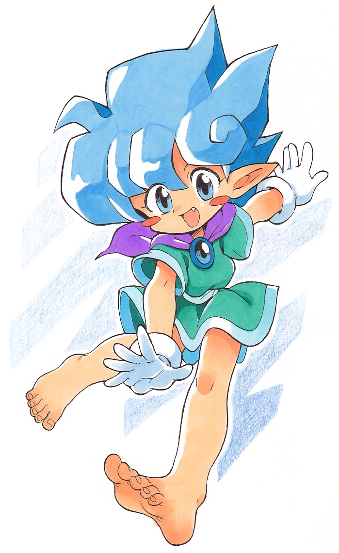 1girl, barefoot, blue_eyes, blush_stickers, dress, fang, feet, female_focus, full_body, gloves, happy, neckerchief, oyatsu_(mk2), panel_de_pon, pointy_ears, purple_neckerchief, sherbet_(panel_de_pon), short_hair, smile, soles, solo, spiked_hair, toes