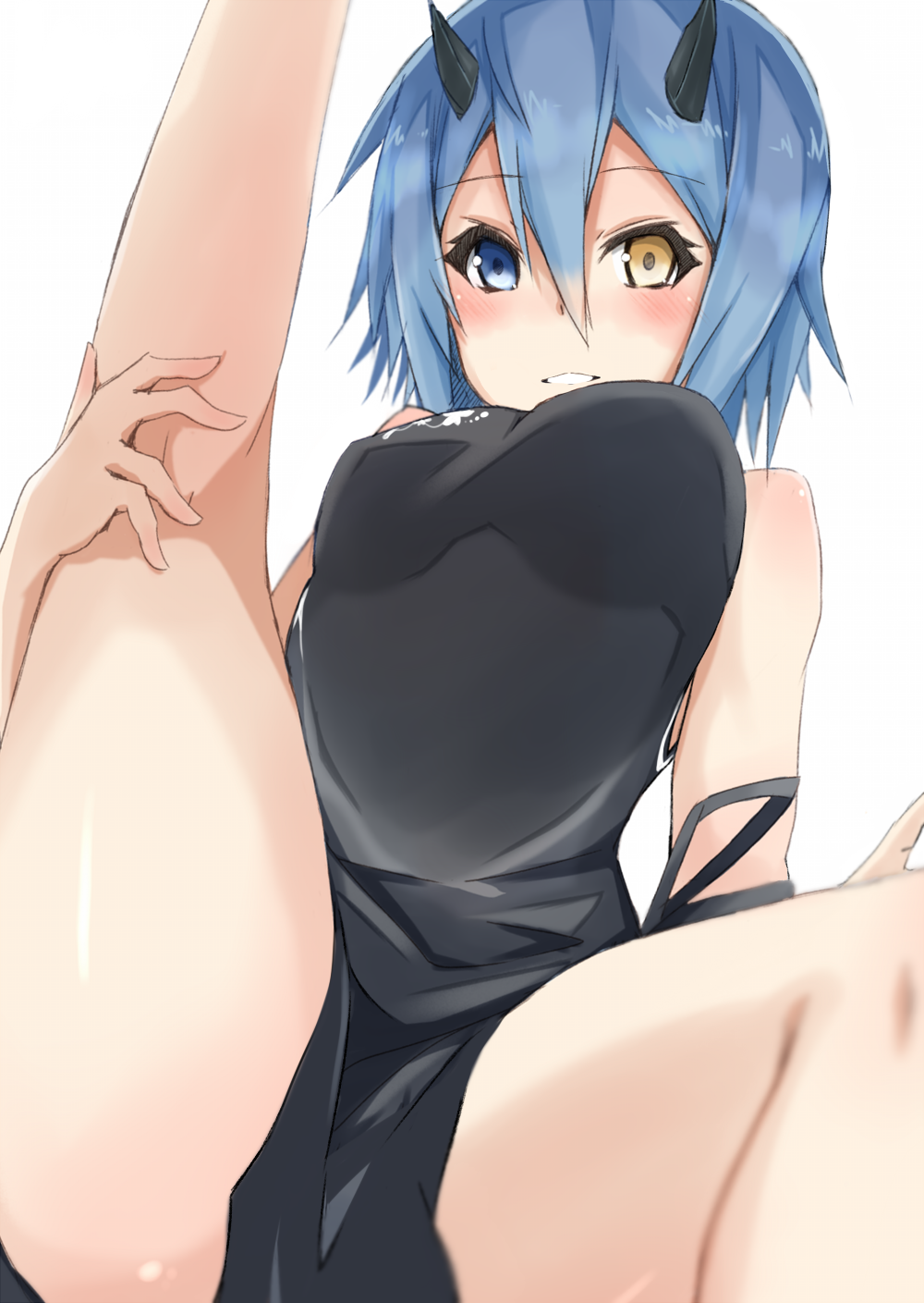1girl, alternate_costume, bad_id, bad_pixiv_id, bare_legs, bare_shoulders, black_dress, blue_eyes, blue_hair, breasts, china_dress, chinese_clothes, deuman, dewman, dress, from_below, heterochromia, highres, horns, io_(pso2), kurebayashi_noe, leg_lift, looking_at_viewer, medium_breasts, phantasy_star, phantasy_star_online_2, side_slit, sitting, smile, solo_focus, yellow_eyes