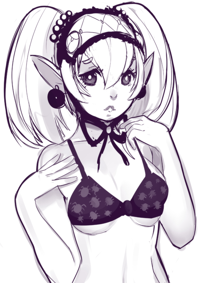 1girl, agitha, bikini, breasts, choker, earrings, female_focus, hairband, headgear, hyrule_warriors, jewelry, lolita_fashion, lolita_hairband, long_hair, monochrome, nintendo, pointy_ears, ribbon_choker, sho-n-d, sketch, small_breasts, solo, swimsuit, the_legend_of_zelda, the_legend_of_zelda:_twilight_princess, twintails, underboob