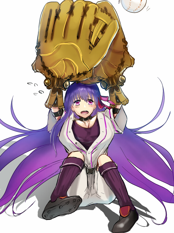 10s, 1girl, baseball, baseball_glove, baseball_uniform, breasts, fate/extra, fate/extra_ccc, fate_(series), female_focus, hair_ribbon, homutatu, huge_breasts, long_hair, passionlip_(fate), purple_eyes, purple_hair, ribbon, solo, sportswear, very_long_hair