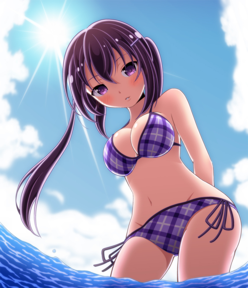 1girl, bare_arms, bare_shoulders, bikini, black_hair, breasts, cleavage, cowboy_shot, day, female_focus, fisheye, gochuumon_wa_usagi_desu_ka?, hair_between_eyes, highres, long_hair, looking_at_viewer, medium_breasts, navel, osaji0909, outdoors, parted_lips, plaid_bikini, plaid_clothes, purple_bikini, purple_eyes, side-tie_bikini_bottom, solo, sun, swimsuit, tedeza_rize, water