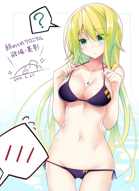 1girl, :<, ?, adjusting_clothes, adjusting_swimsuit, bare_shoulders, bikini, black_bikini, breasts, cleavage, dated, female_focus, green_eyes, green_hair, groin, hair_between_eyes, kodama_yuu, long_hair, lowleg, lowleg_bikini, matching_hair/eyes, mikage, mikage_(owari_no_chronicle), navel, original, owari_no_chronicle, side-tie_bikini_bottom, solo, speech_bubble, spoken_blush, spoken_question_mark, string_bikini, swimsuit