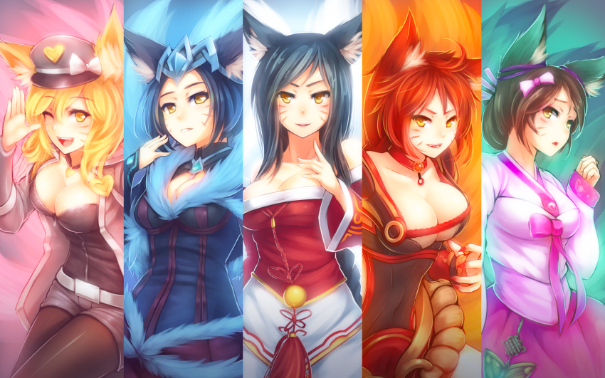 5girls, :p, ;d, ahri_(league_of_legends), alternate_costume, alternate_hair_color, alternate_hair_length, alternate_hairstyle