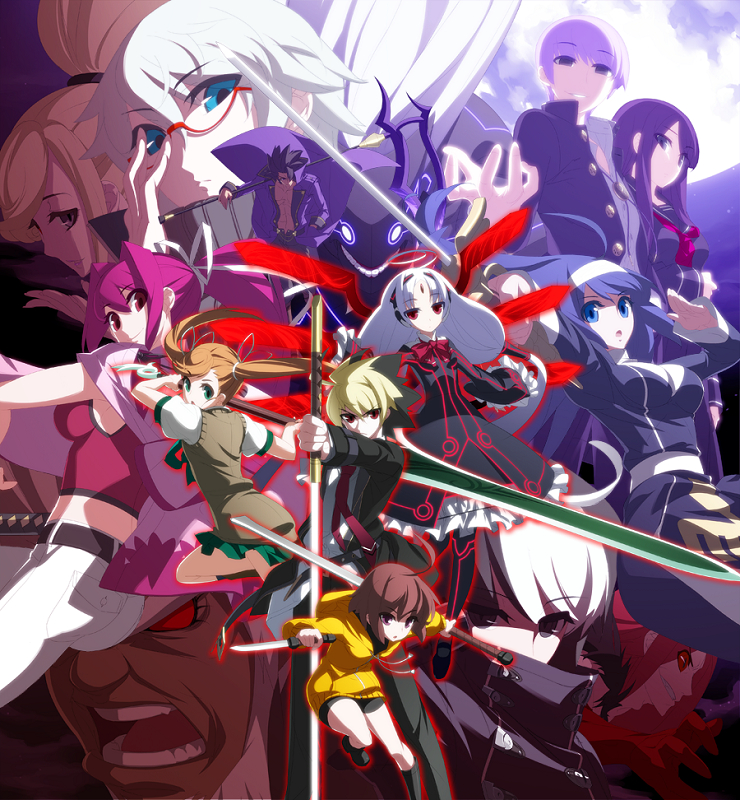 6+boys, 6+girls, ahoge, black_hair, blonde_hair, box_art, brown_hair, byakuya_(under_night_in-birth), carmine_(under_night_in-birth), chaos_(under_night_in-birth), dual_wielding, everyone, french-bread, full_moon, glasses, gordeau_(under_night_in-birth), green_eyes, hilda_(under_night_in-birth), holding, huge_ahoge, huge_weapon, kido_hyde, knife, linne_(under_night_in-birth), merkava_(under_night_in-birth), midriff, moon, multicolored_hair, multiple_boys, multiple_girls, nanase_(under_night_in-birth), official_art, orie_ballardiae_harada, purple_eyes, purple_hair, rapier, red-framed_eyewear, red_eyes, reverse_grip, school_uniform, scythe, semi-rimless_eyewear, short_hair, smile, sword, tsukuyomi_(under_night_in-birth), twintails, two-tone_hair, under-rim_eyewear, under_night_in-birth, vatista_(under_night_in-birth), waldstein_(under_night_in-birth), weapon, white_hair, yoshihara_seiichi, yuzuriha_(under_night_in-birth)