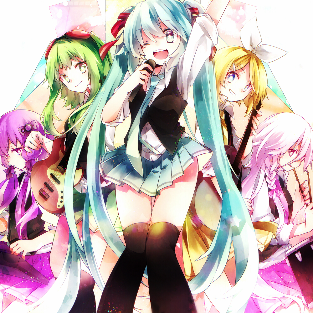 5girls, :p, ;d, aka_tonbo_(lililil), blonde_hair, blue_eyes, braid, drum, drumsticks, green_eyes, green_hair, grin, guitar, gumi, hair_ornament, hand_up, hatsune_miku, holding, ia_(vocaloid), instrument, kagamine_rin, long_hair, microphone, multiple_girls, one_eye_closed, open_mouth, pink_eyes, pink_hair, playing_instrument, purple_eyes, purple_hair, short_hair, smile, tongue, tongue_out, twin_braids, twintails, vocaloid, voiceroid, yuzuki_yukari