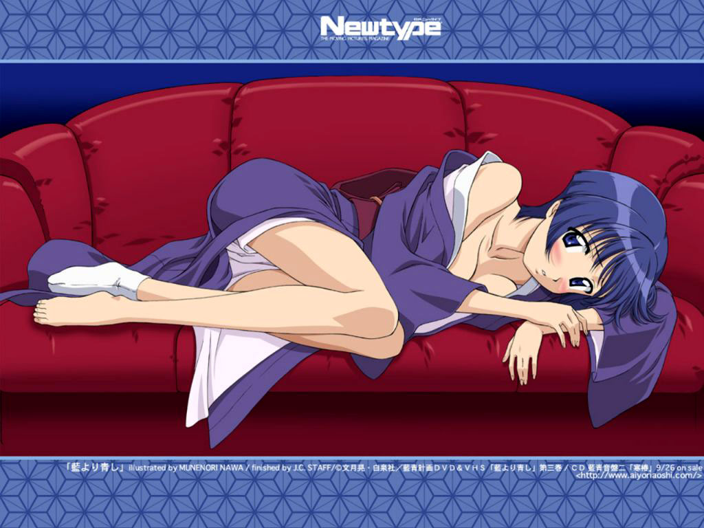 1girl, ai_yori_aoshi, bare_shoulders, barefoot, blue_eyes, blue_hair, blush, bob_cut, breast_press, breasts, cleavage, couch, embarrassed, feet, female_focus, indoors, japanese_clothes, jpeg_artifacts, kimono, legs, letterboxed, long_legs, looking_at_viewer, lying, matching_hair/eyes, nawa_munenori, newtype, no_bra, obi, off_shoulder, official_art, official_wallpaper, on_side, open_mouth, red_upholstery, sakuraba_aoi, sash, short_hair, single_sock, socks, solo, tabi, unaligned_breasts, wide_sleeves