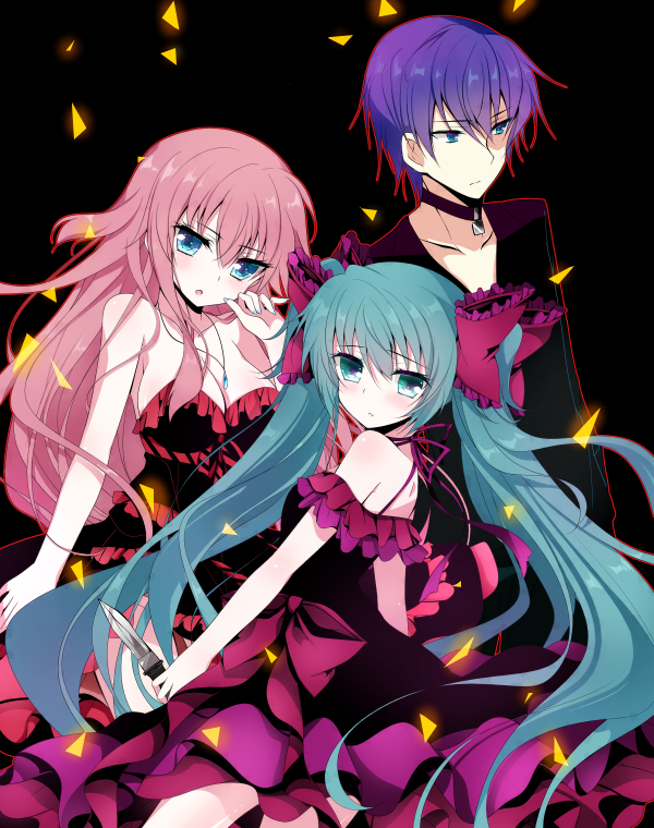 1boy, 2girls, acute_(vocaloid), aqua_eyes, aqua_hair, black_background, blue_hair, choker