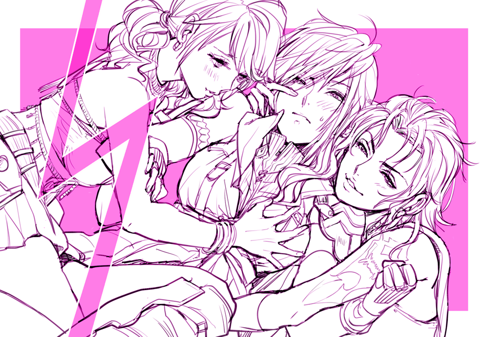 10s, 3girls, blush, final_fantasy, final_fantasy_xiii, grabbing_another's_breast, groping, lightning_farron, monochrome, multiple_girls, natsu_mikan_(level9), oerba_dia_vanille, oerba_yun_fang, yuri