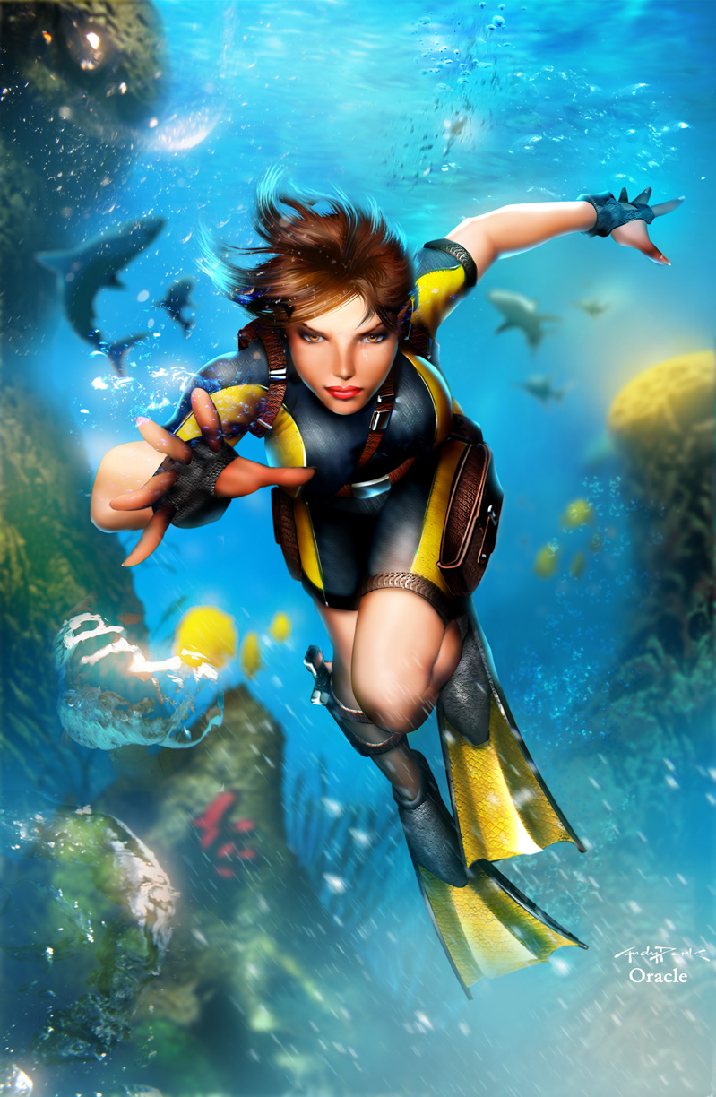 1girl, andy_park, bodysuit, breasts, brown_eyes, brown_hair, bubble, diving_suit, fingerless_gloves, fish, flippers, freediving, gloves, highres, holster, knife, lara_croft, large_breasts, mystic-oracle, non-web_source, ocean, official_alternate_costume, ponytail, realistic, shark, swimming, swimsuit, tomb_raider, underwater, wetsuit