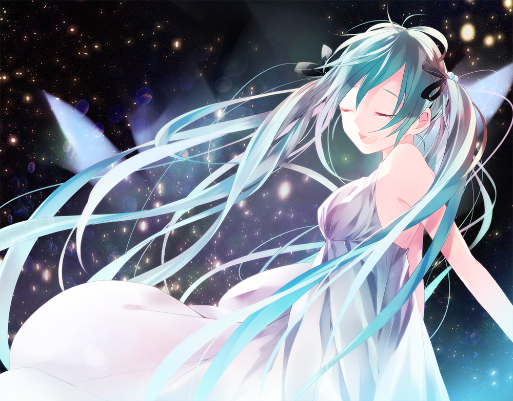 1girl, aqua_hair, closed_eyes, dress, female_focus, hatsune_miku, kama_ri, kamari_(kama_ri)