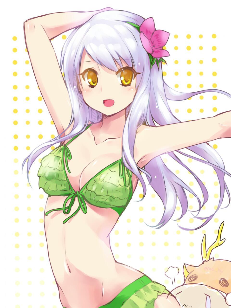 10s, 1girl, arms_up, bare_shoulders, bikini, blitzen, breasts, cleavage, collarbone, eve_santaclaus, female_focus, flower, frilled_bikini, frills, front-tie_top, green_bikini, hair_flower, hair_ornament, highres, idolmaster, idolmaster_cinderella_girls, long_hair, melonbooks, navel, paopao, silver_hair, smile, solo, swimsuit, yellow_eyes