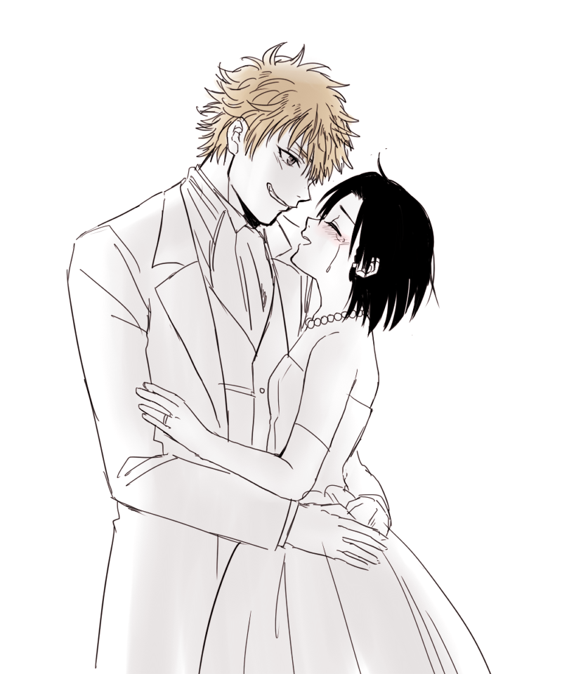 00s, 1boy, 1girl, bad_id, bad_pixiv_id, bare_shoulders, black_hair, brown_hair