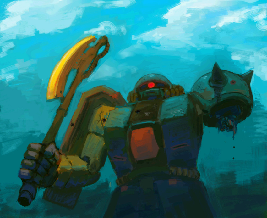 1980s_(style), axe, cloud, damaged, gundam, gundam_0080, imocool, mecha
