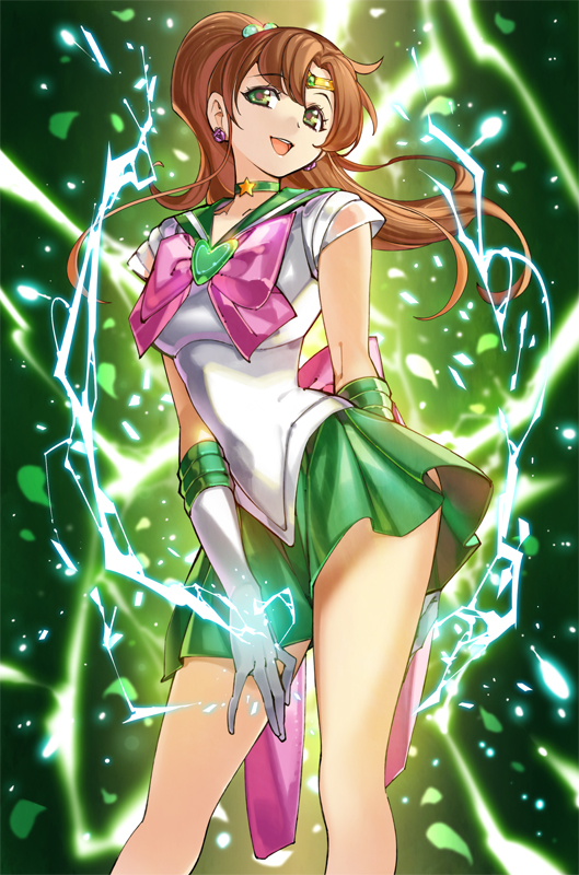 1girl, bishoujo_senshi_sailor_moon, bow, brooch, brown_hair, choker, elbow_gloves, electricity