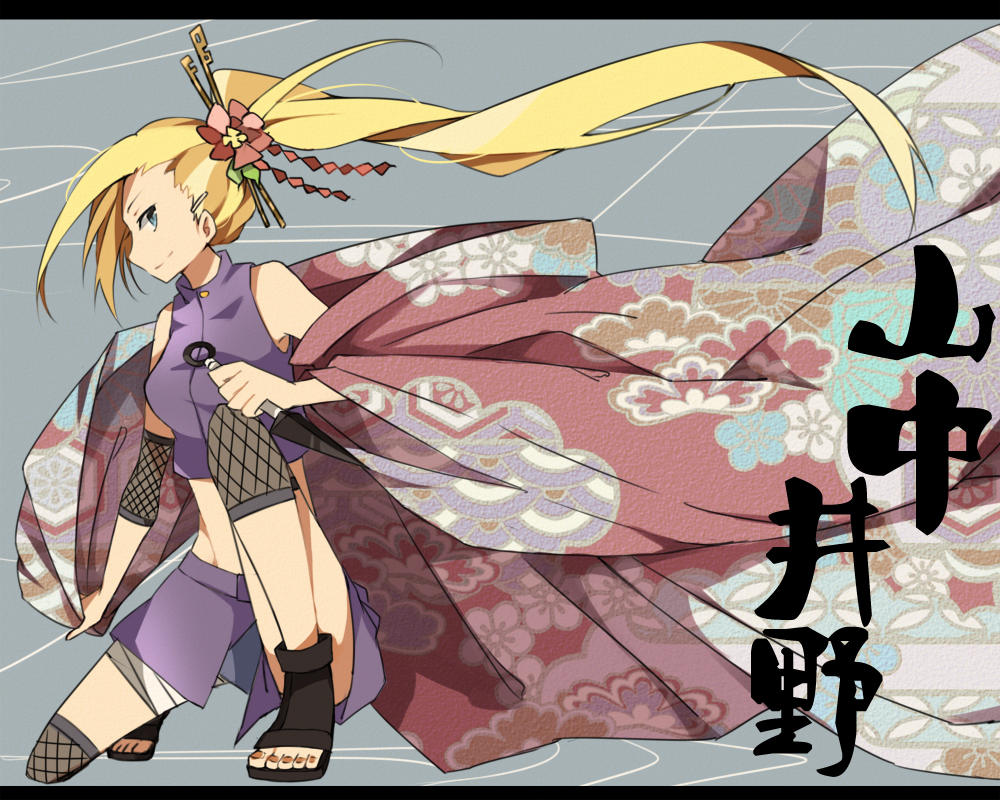 1girl, blonde_hair, blue_eyes, female_focus, fishnets, fuuko_(2679566944), hair_ornament, kunai, long_hair, naruto_(classic), naruto_(series), simple_background, solo, toes, weapon, yamanaka_ino