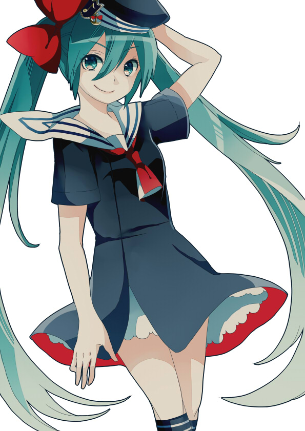 1girl, bati15, dress, female_focus, green_eyes, green_hair, hat, hatsune_miku
