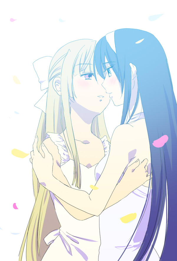 00s, 2girls, bad_id, bad_pixiv_id, bare_shoulders, blonde_hair, blue_eyes, bow, couple, dress, hair_bow, hairband, himemiya_chikane, imminent_kiss, imotaberu, kannazuki_no_miko, kurusugawa_himeko, long_hair, multiple_girls, parted_lips, petals, sundress, very_long_hair, white_dress, yuri