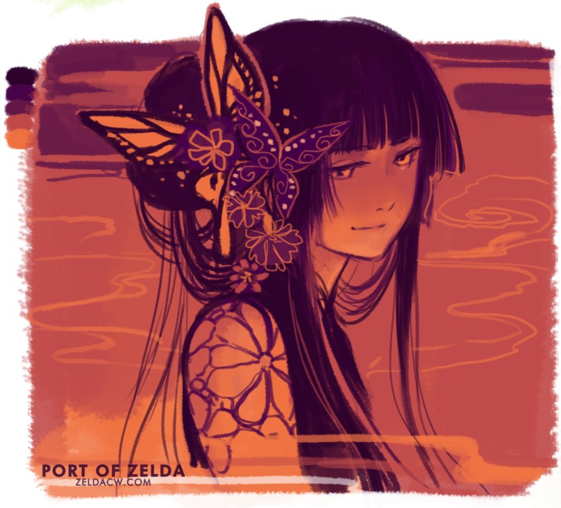 1girl, bare_shoulders, black_hair, blunt_bangs, brown_theme, butterfly_hair_ornament, female_focus, hair_ornament