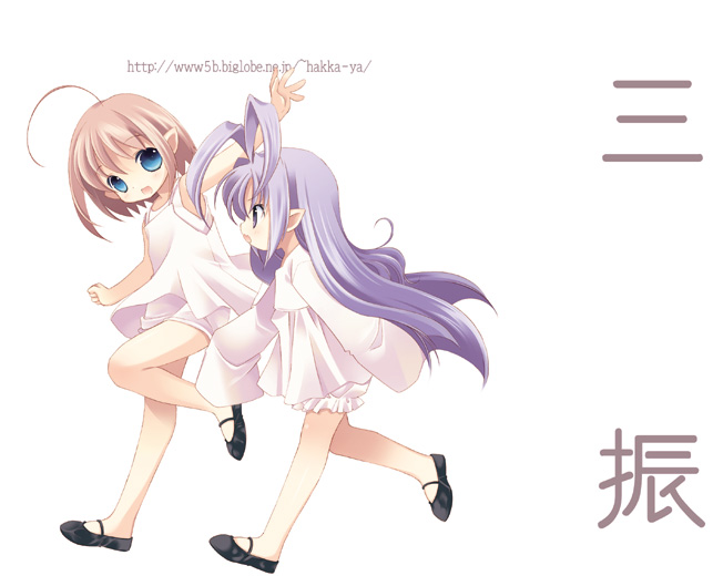 00s, 2girls, :d, ahoge, binzume_yousei, blonde_hair, blue_eyes, dress