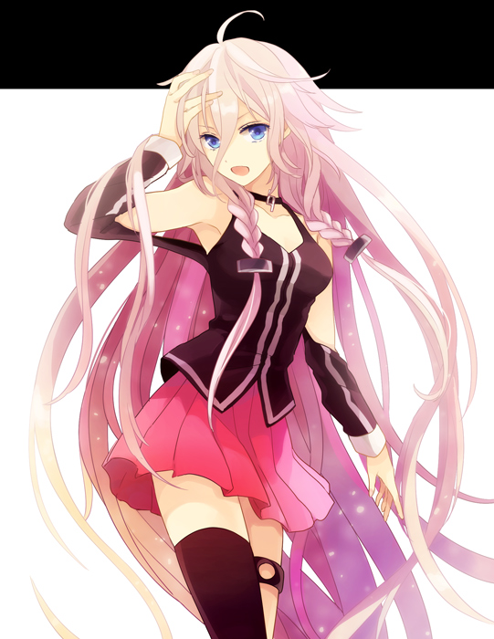 1girl, :d, ahoge, akiyoshi_(tama-pete), asymmetrical_legwear, black_thighhighs, blue_eyes, braid, choker, female_focus, hair_ornament, hand_on_own_head, ia_(rocks)_(vocaloid), ia_(vocaloid), long_hair, open_mouth, pink_hair, simple_background, smile, solo, thighhighs, twin_braids, uneven_legwear, very_long_hair, vocaloid, white_background, zettai_ryouiki