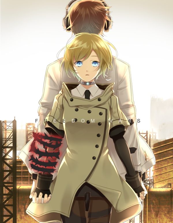1boy, 1girl, accessory_(freedom_wars), android, back-to-back, bad_id, bad_pixiv_id, blank_stare