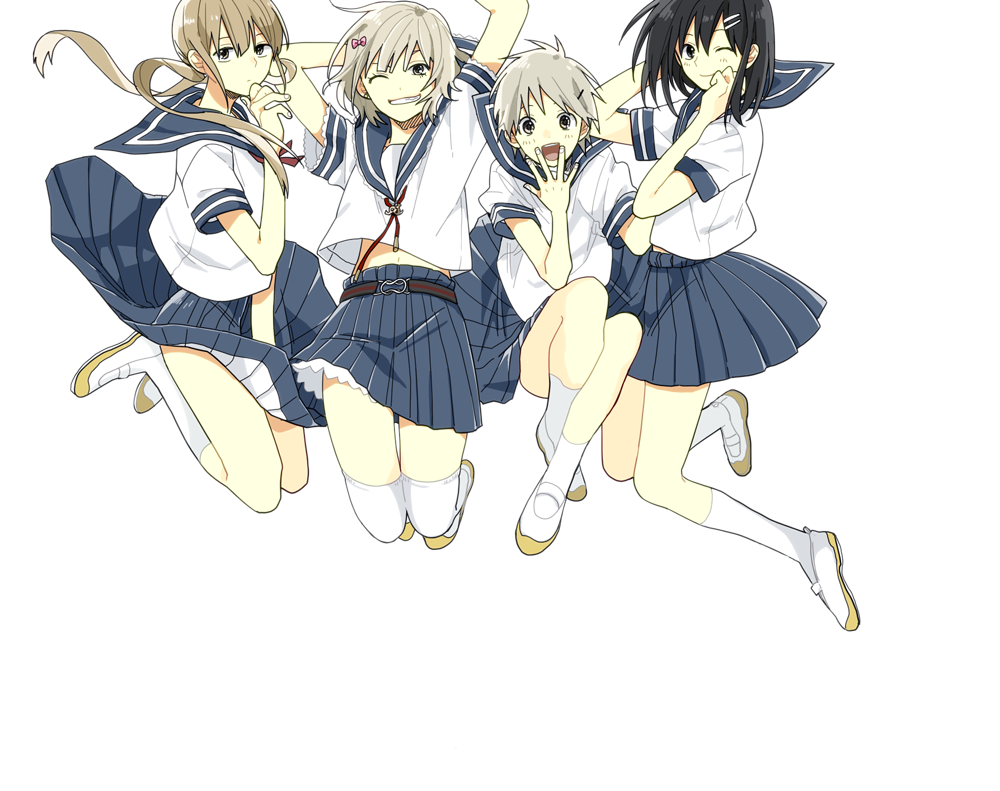4girls, black_hair, brown_hair, grey_hair, hakkyousuru_error, jumping, kobayashi_asami, long_hair