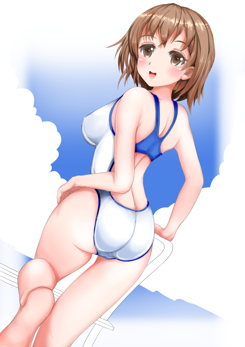 1girl, ass, brown_eyes, brown_hair, competition_swimsuit, covered_erect_nipples, female_focus, from_behind, looking_back, mashinatsu, one-piece_swimsuit, original, reiji-sss, short_hair, skin_tight, solo, swimsuit