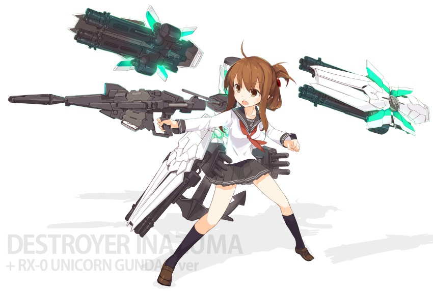 1girl, ahoge, brown_eyes, brown_hair, female_focus, folded_ponytail, full_body, gundam