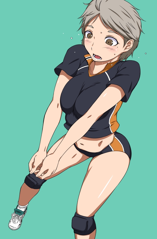 10s, 1girl, blush, brown_eyes, brown_hair, female_focus, genderswap, genderswap_(mtf), haikyuu!!, knee_pads, midriff, mole, mole_under_eye, navel, open_mouth, puge, shoes, short_hair, simple_background, sneakers, solo, sportswear, sugawara_koushi, thick_eyebrows, volleyball_uniform