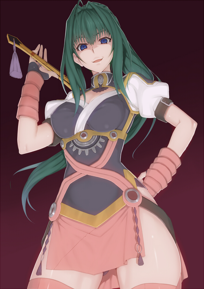 10s, 1girl, akari_acura, arm_warmers, blue_eyes, breasts, buckle, cleavage, covered_erect_nipples, empty_eyes, female_focus, green_hair, hammer, hand_on_own_hip, hitsugi_no_chaika, long_hair, pink_arm_warmers, ponytail, puffy_sleeves, sai_(saikun), sai_(saikun2013), shaded_face, smile, solo, thighhighs, weapon