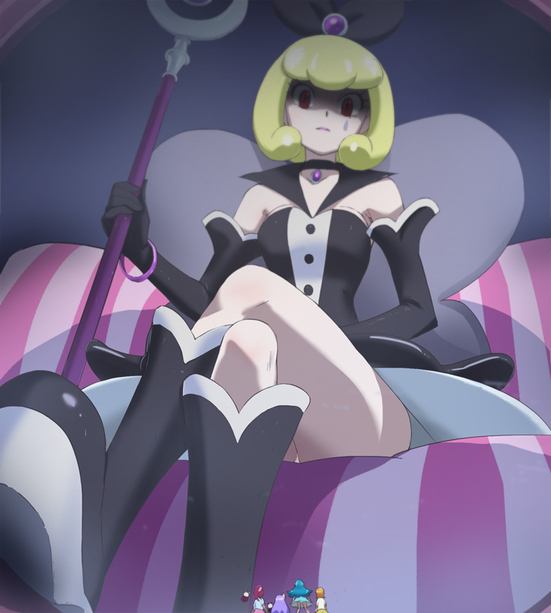 10s, 5girls, aino_megumi, black_gloves, blonde_hair, blue_hair, boots, brown_hair, elbow_gloves, giant, giantess, gloves, gurasan_(precure), happinesscharge_precure!, haruyama_kazunori, hikawa_iona, crossed_legs, multiple_girls, oomori_yuuko, precure, purple_hair, queen_mirage, red_eyes, red_hair, ribbon_(precure), shirayuki_hime, short_hair, staff