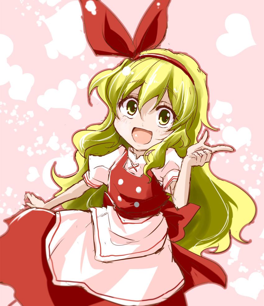 apron, blonde_hair, ellen_(touhou), hair_ribbon, heart, heart_background, highres, index_finger_raised