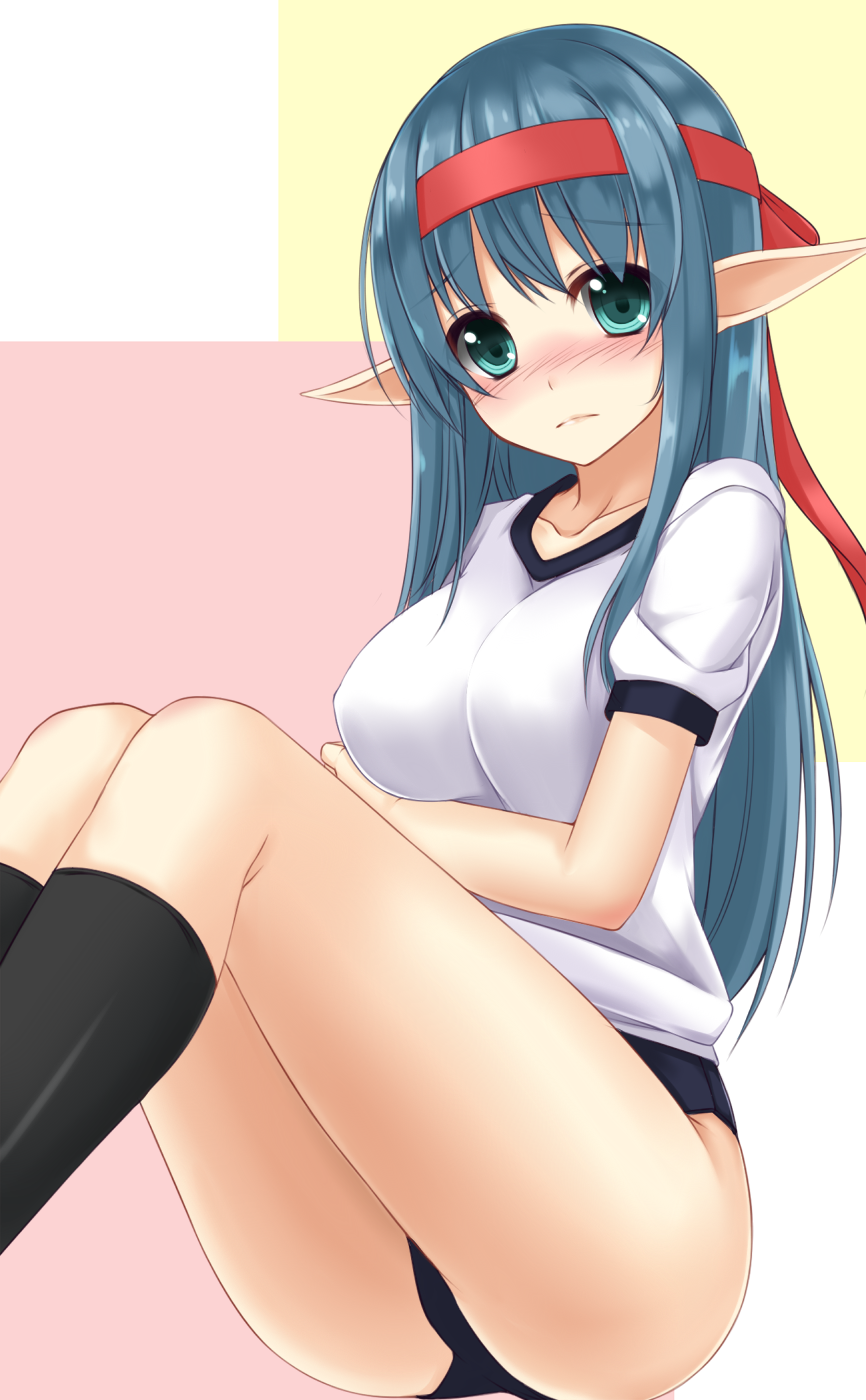 blue_eyes, blue_hair, blush, buruma, gym_uniform, highres, long_hair, lottie_(pso2)