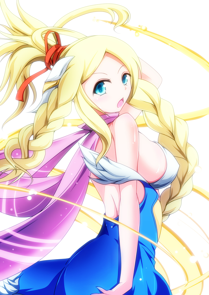 1girl, arm_up, bare_shoulders, blonde_hair, blue_dress, blue_eyes, braid, breasts, covered_erect_nipples, dress, feathered_wings, female_focus, hair_ornament, head_wings, idunna_(p&amp;d), large_breasts, long_hair, looking_at_viewer, looking_back, merry_(diameri), open_mouth, ponytail, purple_scarf, puzzle_&amp;_dragons, scarf, sideboob, simple_background, sleeveless, sleeveless_dress, solo, twin_braids, white_background, white_wings, wings