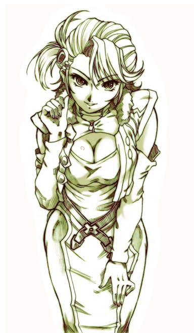 1girl, akane_ardygun, banpresto, breasts, cleavage, female_focus, hisahiko, large_breasts, leaning_forward, monochrome, solo, super_robot_wars, yellow_theme