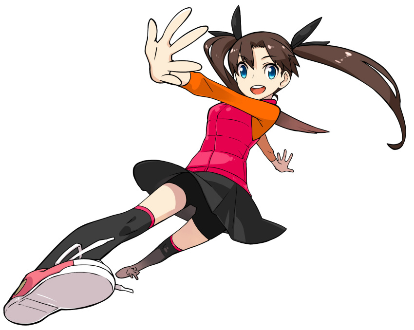 1girl, :d, bad_source, bike_shorts, bike_shorts_under_skirt, black_bike_shorts, black_hair, black_skirt, black_thighhighs, blue_eyes, capsule_servant, dutch_angle, fate_(series), female_focus, floating_hair, foreshortening, full_body, hair_ribbon, highres, legs_apart, long_hair, long_sleeves, medori, official_art, open_mouth, outstretched_arms, over-kneehighs, ribbon, shoes, shorts, shorts_under_skirt, simple_background, skirt, smile, sneakers, solo, spread_arms, thighhighs, tohsaka_rin, tohsaka_rin_(capsule_servant), twintails, upskirt, vest, white_background