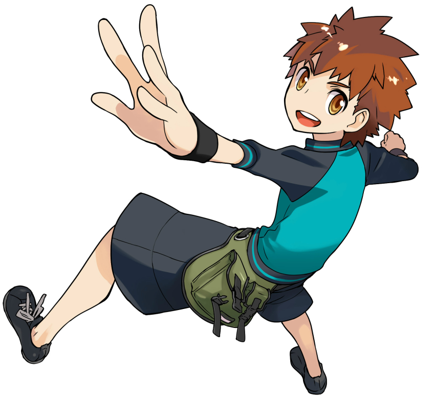 1boy, brown_eyes, brown_hair, capsule_servant, emiya_shirou, emiya_shirou_(capsule_servant), fanny_pack, fate/stay_night, fate_(series), full_body, highres, male_focus, medori, official_art, raglan_sleeves, shoes, shorts, sneakers, solo, white_background, wristband