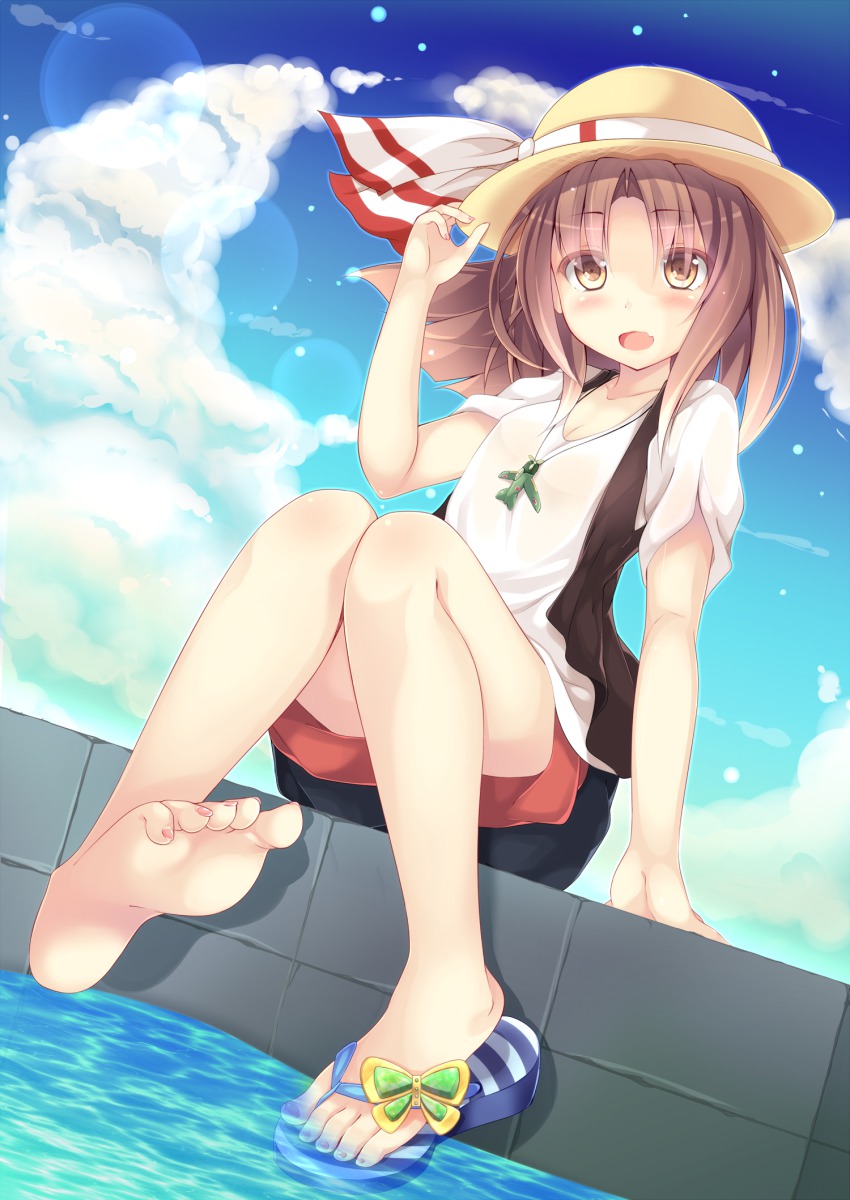 10s, 1girl, alternate_costume, bad_id, bad_pixiv_id, barefoot, cloud, day, dutch_angle, feet, female_focus, flip-flops, futatsukiaiji, hat, highres, jewelry, kantai_collection, legs, nail_polish, necklace, personification, sandals, shoes, single_shoe, sitting, sky, soaking_feet, soles, solo, straw_hat, toes, water, zuihou_(kancolle)