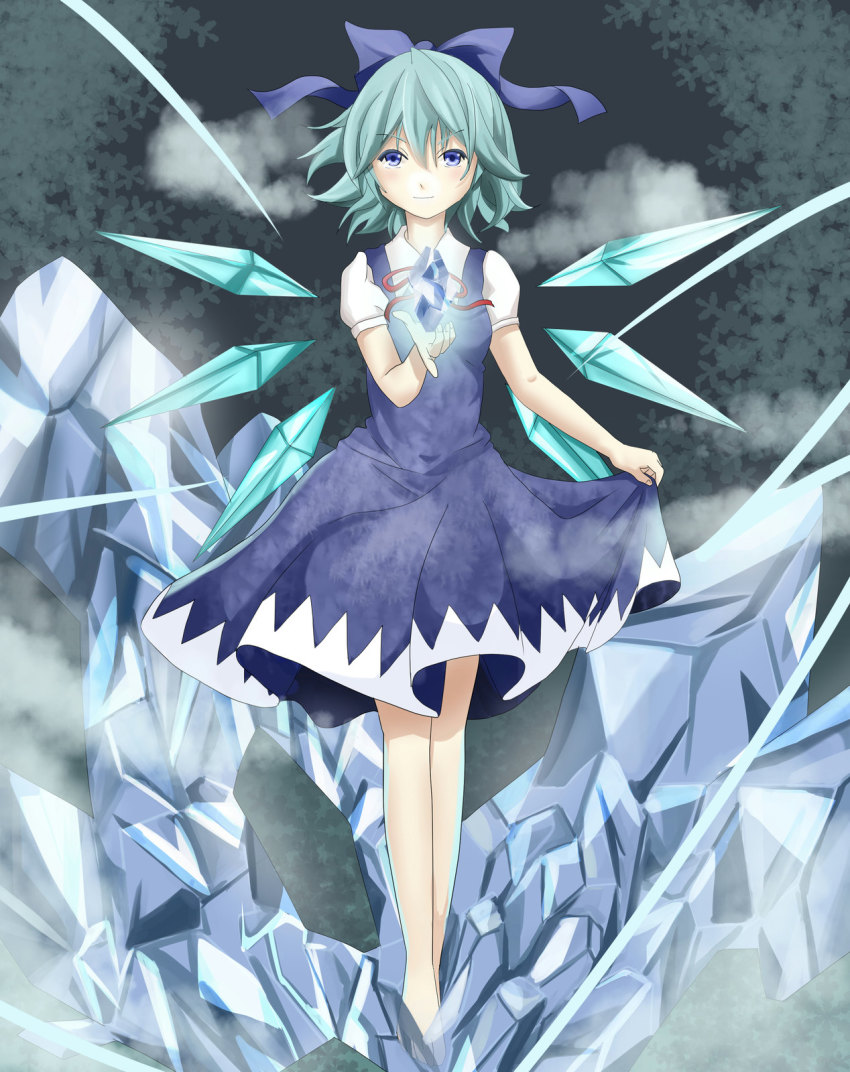 1girl, arm_up, barefoot, blue_eyes, blue_hair, bow, cirno, crystal, dress, female_focus, glowing, hair_bow, heisotsu_(otanushi), highres, holding_own_dress, ice, light_smile, looking_at_viewer, matching_hair/eyes, md5_mismatch, open_hand, resolution_mismatch, ribbon, short_hair, solo, source_smaller, touhou, wings