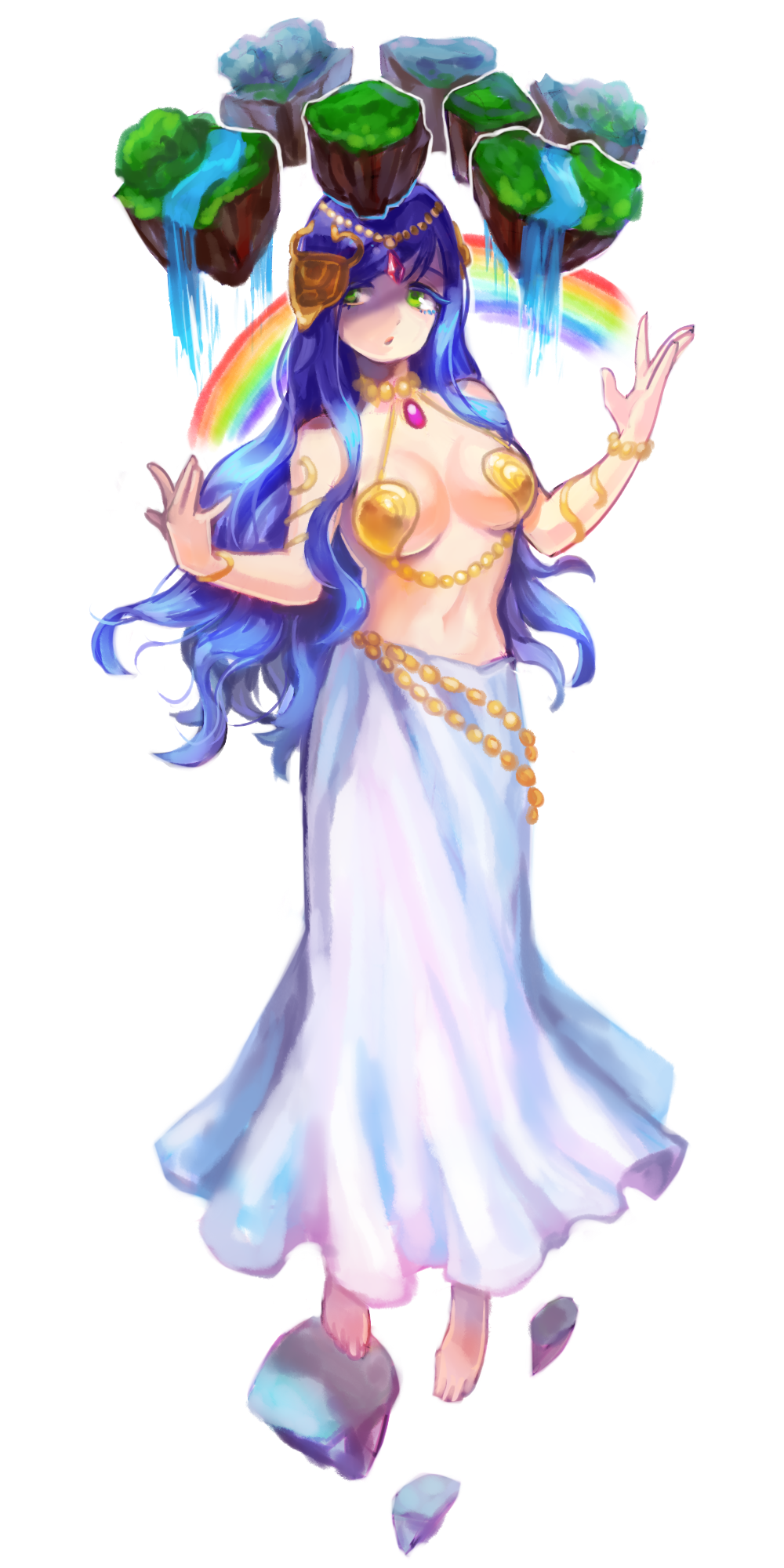 1girl, aken, bare_shoulders, barefoot, bead_band, blue_hair, bracelet, breasts