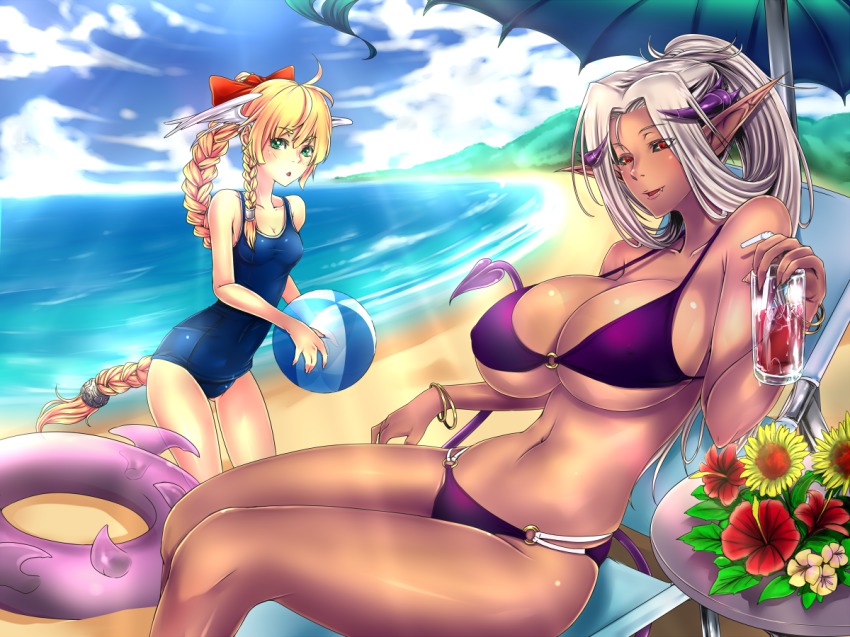 2girls, ball, beach, beachball, bikini, blonde_hair, braid, breasts