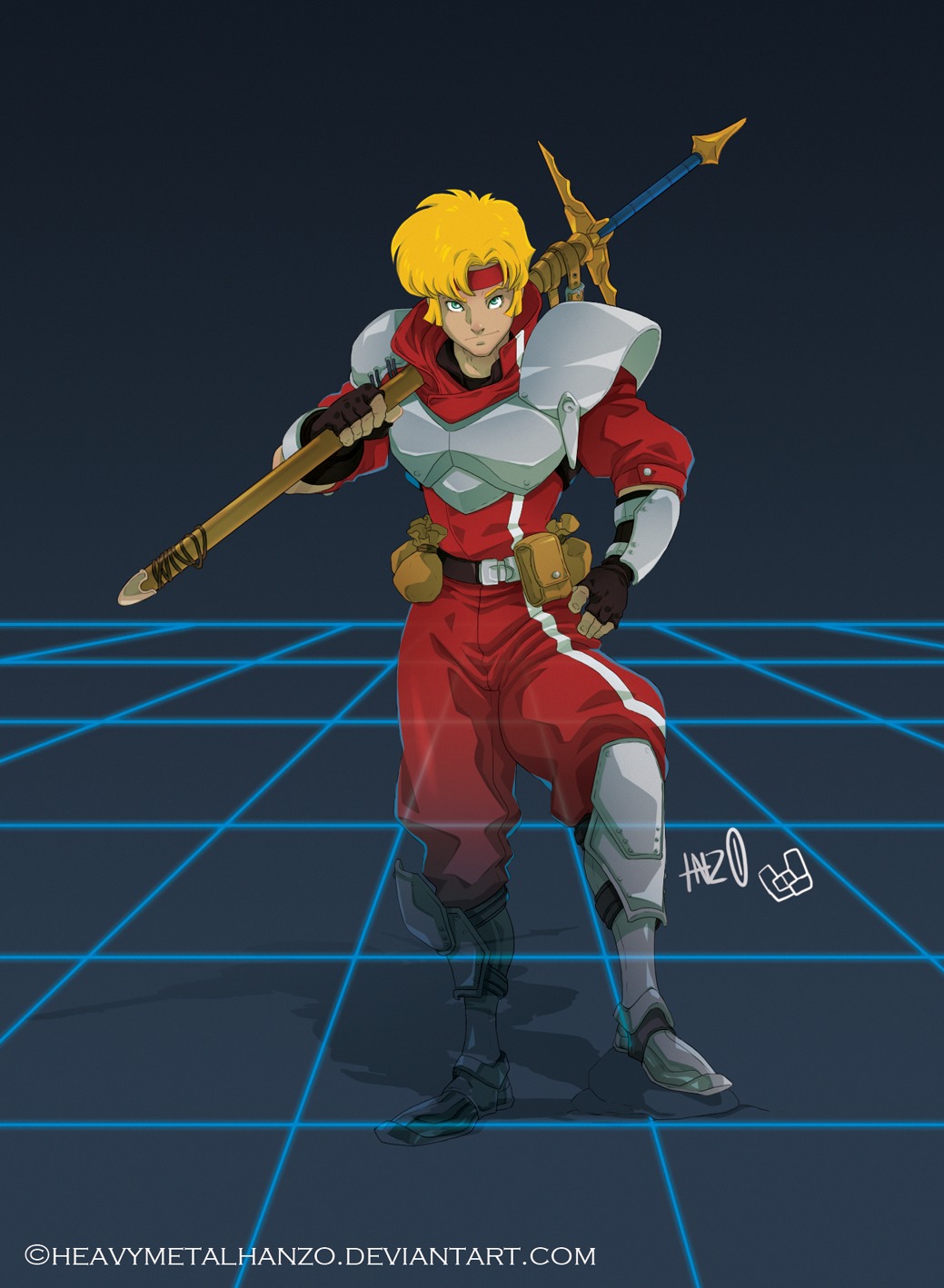 1boy, armor, belt, belt_pouch, blonde_hair, blue_eyes, breastplate, chaz_ashley, fingerless_gloves, gloves, greaves, headband, highres, huge_weapon, male_focus, md5_mismatch, metalhanzo, over_shoulder, pauldrons, phantasy_star, phantasy_star_iv, pouch, resized, resolution_mismatch, sega, shoulder_armor, smile, solo, sword, sword_over_shoulder, two-handed_sword, upscaled, watermark, weapon, weapon_over_shoulder, web_address