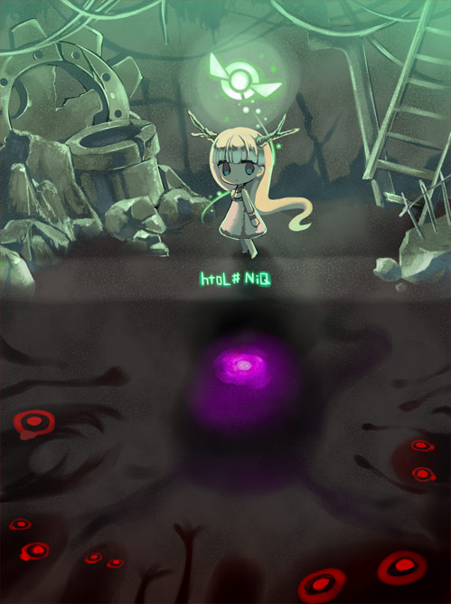 1girl, aisagi, antlers, cable, copyright_name, dress, female_focus, glowing, glowing_eyes, horns, hotaru_(htol#niq), htol#niq:_hotaru_no_nikki, long_hair, mion_(htol#niq), monster, ruins, shadow, solo, very_long_hair