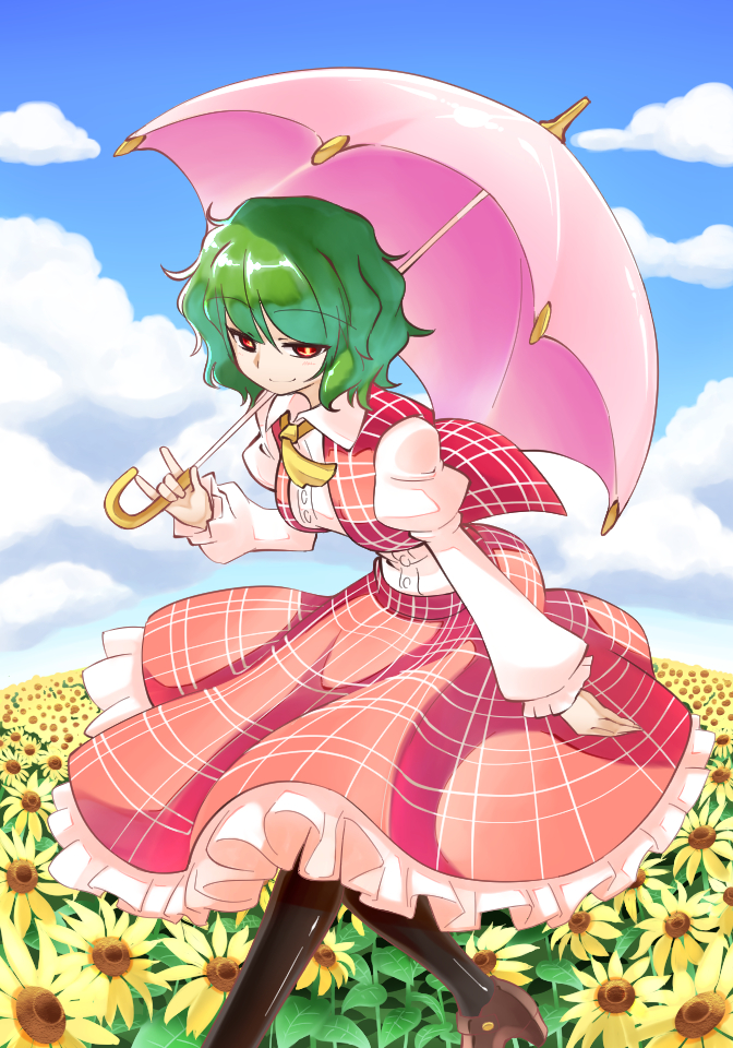 1girl, ascot, b-q, black_pantyhose, female_focus, field, flower, flower_field