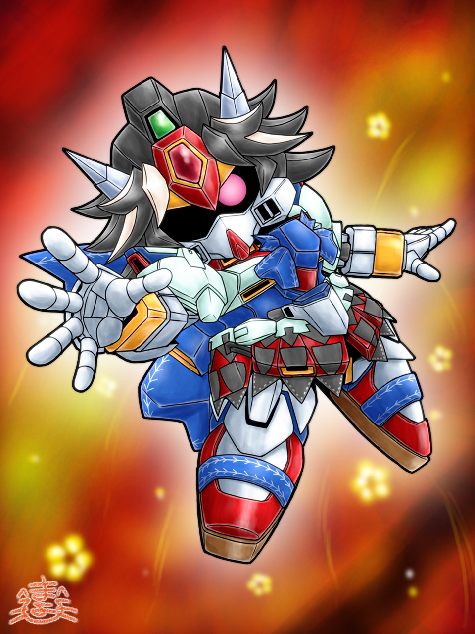 arrow_(symbol), bad_id, bad_pixiv_id, black_hair, bow, gundam, highres, horns