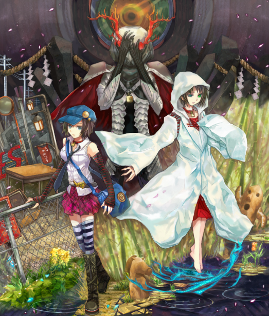 1girl, ameno_sagiri_(persona), badge, bag, barefoot, being7, boots, bridal_gauntlets